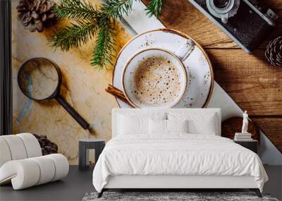 Tourist map, coffee and camera. Wall mural