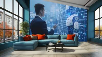  Future evolution change of human resources employee work labor recruitment to iot ai robot computer, technology transform replace human job. Generative Ai. Wall mural