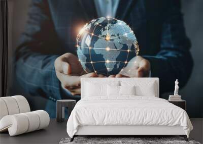 Businessman hold global business globe with network connected to digital marketing strategy. Generative Ai. Wall mural