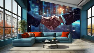 Businessmen handshake global stock market graph bar chart globe network connection links diagram background. Digital innovative technology internet communication agreement partnership. Generative Ai. Wall mural