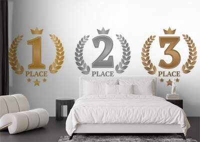 Vector set of emblems for awards. First, second, third places. Gold, silver, bronze awards. Awards with branches, crown, number and stars. Wall mural