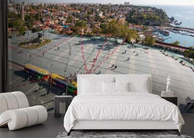 Aerial view of Antalya Cumhuriyet Square and old tram on a sunny day Wall mural