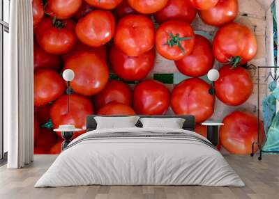 fresh tomatoes on the vine in a wooden crate Wall mural