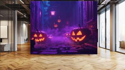 Mysterious alley with glowing jack-o'-lanterns and fog at night Wall mural