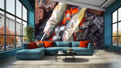 two fish on skewers on  grill barbecue burning charcoal Wall mural