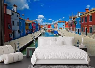 Venice landmark, Burano island, colorful houses and boats, Venice, Italy Wall mural