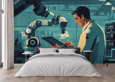 Man with tablet and robot arm in a factory Wall mural