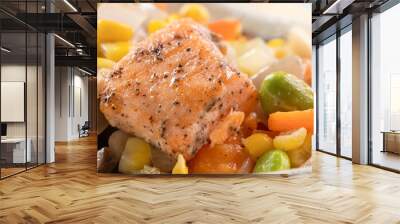 Fresh salmon cube with stir-fried mixed vegetables. Wall mural