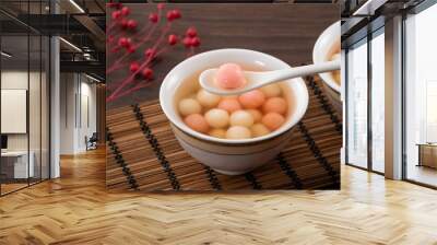 Red and white tangyuan with syrup soup. Wall mural