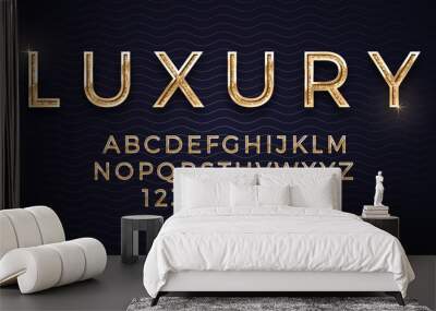 3D Vector Elegant Luxury Golden Font Isolated On Abstract Background. Premium Royal Vip Gold Alphabet Design Elements. Expensive Golden Metalic Typescript On Deep Blue Backdrop Wall mural