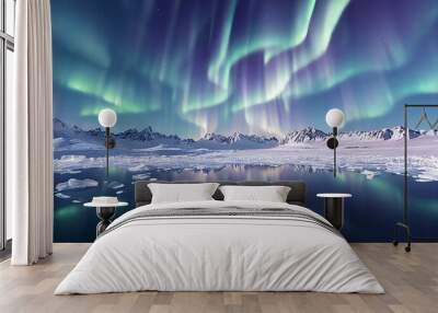 beautiful arctic seascape with aurora borealis 3d art work spectacular nature background. magnificen Wall mural