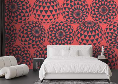 Checkered Triangle Patterned Balls In Different Positions Psychedelic Art Seamless Abstract Vector Red Black Background. Freaky Acid Trip Crazy Repetitive Wallpaper. Weird Sphere Hypnotic Illustration Wall mural