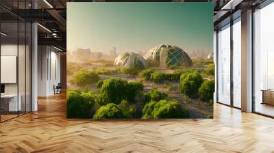 Futuristic Greenhouse Farming Outside the City Conceptual 3D Art Illustration. Green Eco Environmental Friendly Agricultural Farm Science Fiction Background. AI Neural Network Generated Art Wallpaper Wall mural