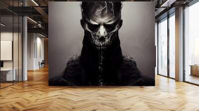 Ominous Hell Demon with Scary Face and Empty Black Eyes 3D Art Conceptual Illustration. Terrible Monster of Darkness Black and White Vertical Portrait. Sinister Spirit Horror Movie Character Art Work Wall mural