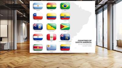 South America Countries Flags 3D Vector Rounded Glossy Icons Set Isolated On White. American Official National Flags Bright Vivid Color Bulging Convex Round Buttons Collection On Light Background Wall mural