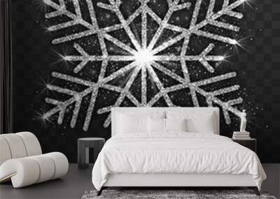 Vector Christmas Decoration Elegant Shining Silver Snowflake Isolated on Transparent Background. Merry Xmas and Happy New Year Symbol Design Element Wall mural