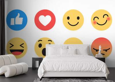 Vector Emoji Set with Different Reactions for Social Network Isolated on White Background. Modern Emoticons Collection in Flat Style Design Wall mural