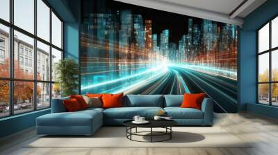 3D rendering of an abstract highway path through digital binary towers in the city. Big data concept, artificial intelligence, hyperloop, virtual reality, high speed network, machine learning Wall mural