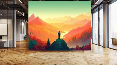 A man stands on a hillside overlooking a river with mountains background Outdoor exploration travel Wall mural