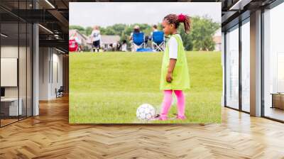 A young girl is learning how to play soccer Wall mural