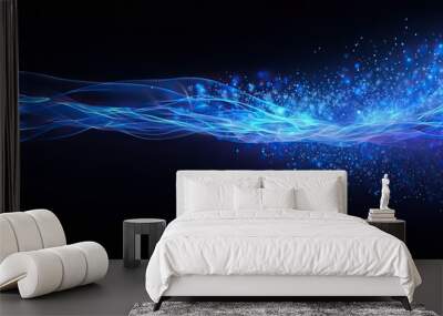 Abstract digital blue light beams on black background stock, abstract background of blue lights and glowing rays Wall mural