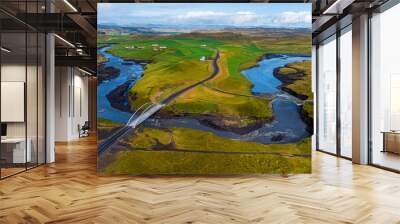 birdview of green field, road, rivers, bridges, sky and clouds over mountain ridge Wall mural