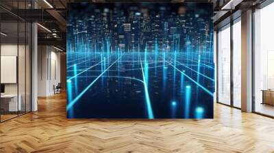 cyberspace data code network flow particles virtual technology background. futuristic hd blue networ Wall mural