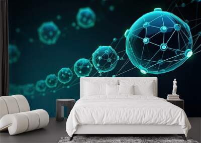 Futuristic spheres and lines, connecting world communication technology. Oligomeric organisms connect cells. Blue business science presentation concept. Wireframe mesh geometry rendering Wall mural