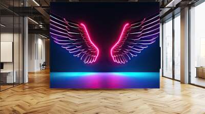 Neon angel wings with pink blue lights, abstract minimalist geometric background, UV spectrum, Cyberspace, futuristic wallpaper	 Wall mural