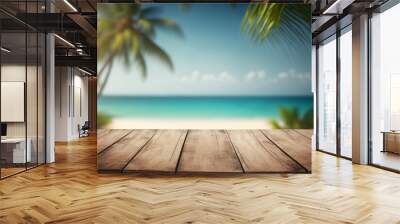 Top of wood table with seascape and palm leaves, blur bokeh light of calm sea and sky at tropical beach background Empty ready for your product display montage. summer vacation backgroun Generative AI Wall mural