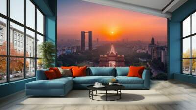 A city skyline with a sunset in the background Wall mural