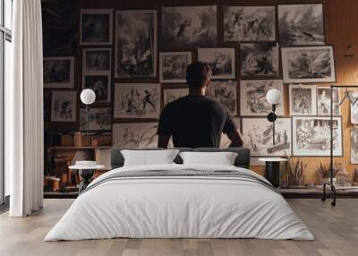 A man stands in front of a wall of pictures, looking at them Wall mural