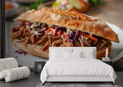 A sandwich with coleslaw and carrots on a white plate Wall mural