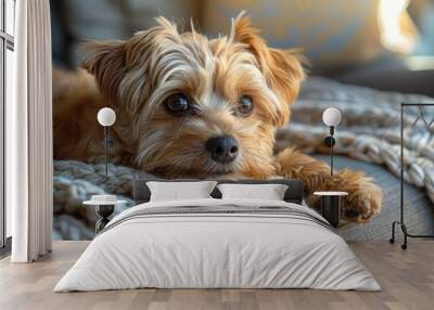 A small brown dog is laying on a blanket Wall mural