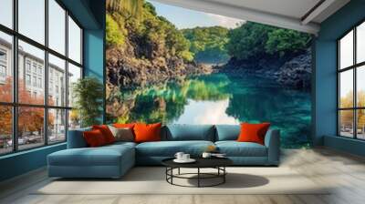 A tranquil view of Lac Dziani with emerald waters and lush vegetation in Mayotte, showcasing nature's beauty on a sunny day Wall mural