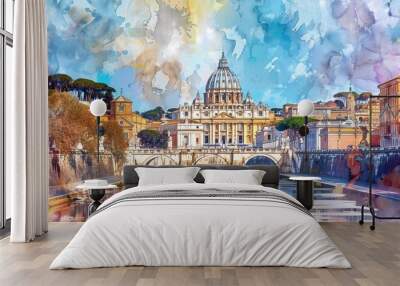 A Watercolor View of St. Peter's Basilica and the Tiber River in Rome Wall mural