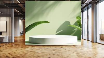 A white pedestal with two green plants on either side of it Wall mural