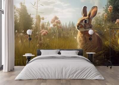 Bunny Rabbit In Field, Generative AI Illustration Wall mural