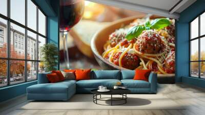 Indulge in a gourmet interpretation of classic spaghetti and meatballs, with homemade spaghetti draped in rich marinara sauce, accompanied by perfectly seasoned meatballs, a generous sprinkle of  Wall mural