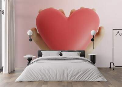 Cartoon hands holding red heart. 3d render illustration Wall mural