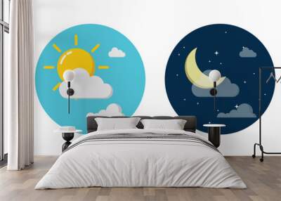 Day and night concept in circle template with sun and moon in sky. Vector Illustration Wall mural