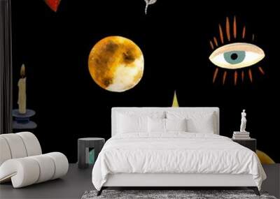 Eye heart esoteric mystic black pattern watercolor Wall mural