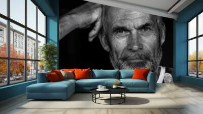 Fabulous at any age concept. Close up portrait of handsome mature man with beard and moustache looking at camera. Monochrome indoor shot Wall mural