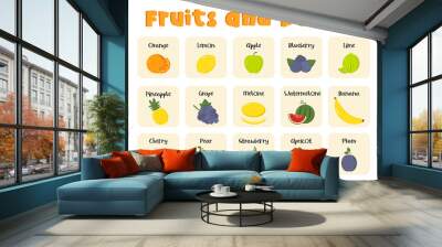 Flashcards for kids with inscription title of fruits and berries. Kids preschool playing, learning activity. Educational cards for the development of logical thinking. Worksheet for preschoolers. Wall mural