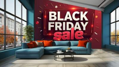 An enticing Black Friday sale is showcased with large, eye-catching text against a red backdrop, enhanced by playful colorful accents, inviting shoppers to explore deals Wall mural