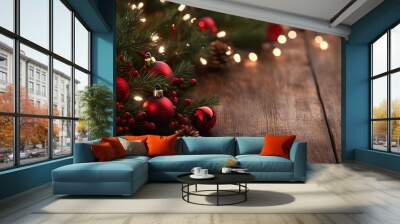 Holiday decorations featuring pine branches, red ornaments, and pinecones. Generative AI Wall mural