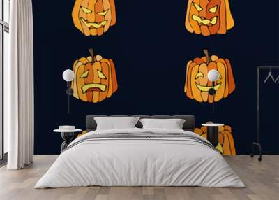 Halloween hand drawn set of emotional pumpkins. Colorful, funny, scary, sad. Dark violet background. Wall mural