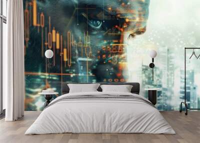 Man Looking at Cityscape With Financial Data Overlay Wall mural