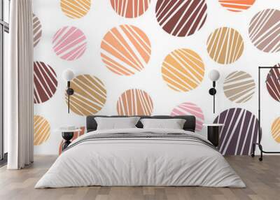 Orange, yellow, pink, brown, beige striped round shapes on white background. Seamless geometry pattern. Wall mural