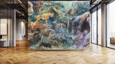 Pastel sketch depicting various genetically engineered animals showcasing biodiversity and wildlife in an artistic format Wall mural